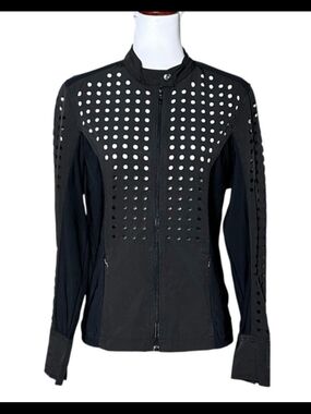Anatomie M Black Perforated Nylon Full DBL Zip Moto Jacket Pockets Lightweight